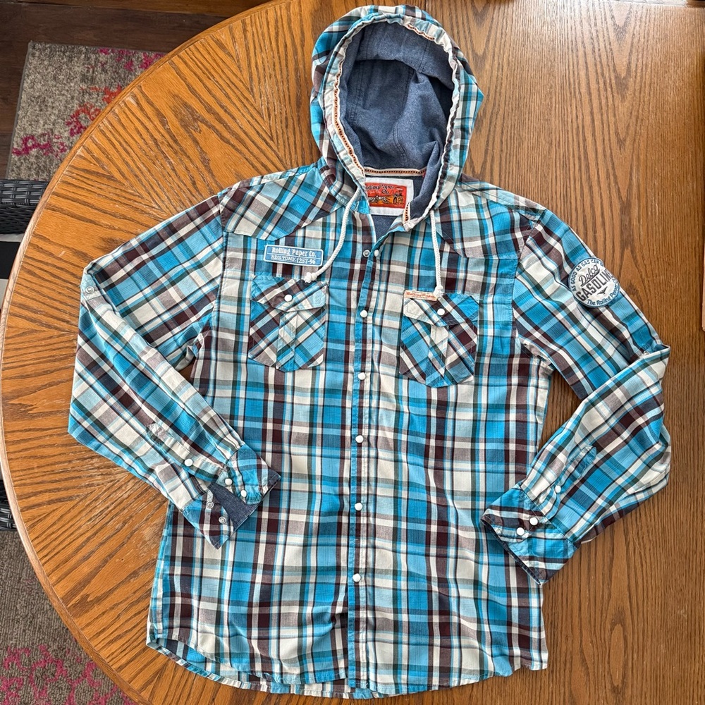 Men’s Rolling Paper Co XL Plaid Hooded Button Shirt Long Sleeve Patches Pockets